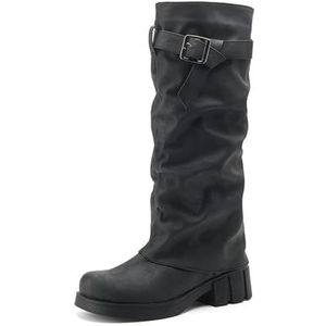 Snowboots Met Lange Schacht for Dames Retro Western Cowboylaarzen Warme Instaplaarzen for De Herfst En Winter Modieuze PU Lederen Ridderlaarzen Met Gesp Rubberen Platformlaarzen(Black,43 EU)