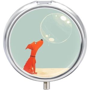 Rode hond en bubbels pillendoos 3 compartimenten reispillenorganizer 3 keer per dag schattige mini pillenetui voor portemonnee en zak draagbare metalen medicijndoos met spiegel ronde dagelijkse