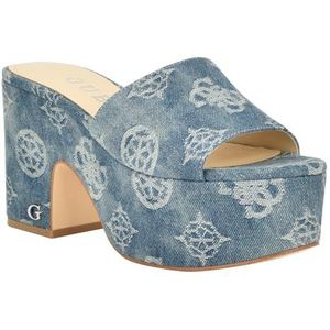 GUESS Women's YAPPLEA Heeled Sandal, Blue Denim Logo, 5