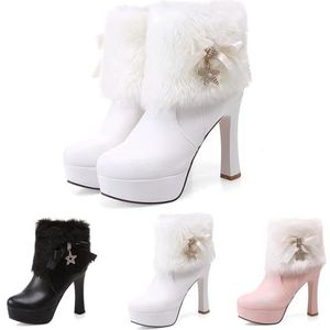 Elegante Enkellaarsjes Met Strik + Strass Dames Warme Korte Laarzen Met Pluche Kraag Enkellaarsjes Met Hak Van 11 Cm Sexy Enkellaarsjes Met Hoge Hakken Pluche Gevoerde Snowboots(White,40 EU)