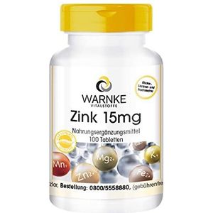 Zink 15 mg - 100 tabletten, organische vorm als zinkgluconaat, sporenelement, veganistisch | Warnke Vitalstoffe - Duitse apothekerskwalitei