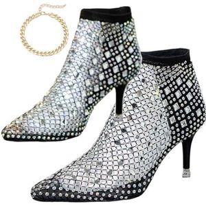 Glittery Stretchy Net Schoenen, Ultra Comfortabele Glanzende Gem Mesh Schoenen Met Hoge Hakken Lage Hak Slip Op Voor Vrouwen (Color : A, Size : 41 EU)