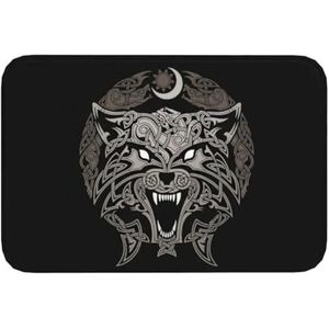 Viking Celtic Wolf Bedrukte Badmatten - Noorse Mythologie Odin Fenrir Flanel Wasbaar Vloerkleed Tapijt - Lichtgewicht Mode Vintage Opvouwbare Matten Huisornament (Color : Black, Size : 80CMx120CM)