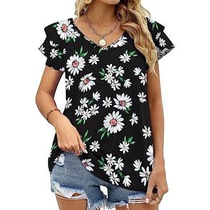 Little Daisy Print Casual Tuniek Tops Ruches Korte Mouw T-shirts V-hals Blouse Tee