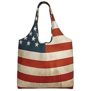 YNCATXZ Vintage Amerikaanse VS-vlag canvas draagtas voor vrouwen esthetische boodschappentassen schoudertas herbruikbare boodschappentassen, Zwart, Eén maat