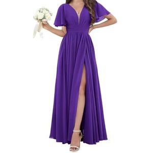 Chiffon bruidsmeisjesjurken voor dames, voor bruiloft, met split, avondgalajurken, cocktailjurken, grote maten, Paars, 32