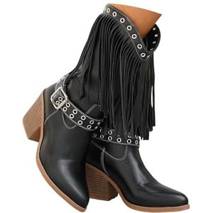 Western Cowboylaarzen Dames Vintage Halfhoge Laarzen Met Franjes Herfst Winter Overgangslaarzen PU Leren Biker Boots Met Gesp Dames Casual Instapschoenen Met Blokhak(Black,42 EU)