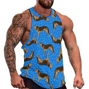 Duitse herder op blauwe sterrenhemel heren spiertank top gym fitness tank shirts volledige print mouwloos T-shirts vest 4XL