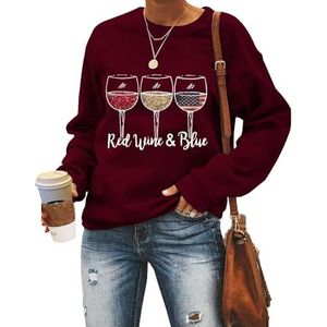 MLZHAN Rode wijn en blauw dames sweatshirt zomer grappige wijnglazen Amerikaanse vlag grafische shirts onafhankelijkheidsdag mode tops (XXL, wijnrood), wijnrood, XXL