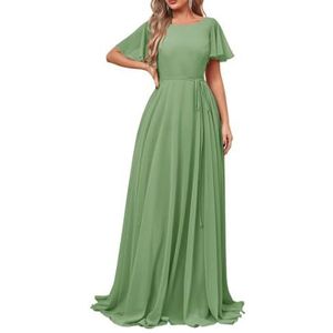 Damesjurken met korte mouwen, lange bruidsmeisjesjurk, chiffon, formele avondjurken met zakken, Sage Groen, 32