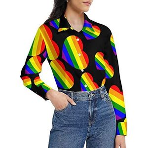 LGBT Gay Pride Flag damesshirt met lange mouwen en knoopsluiting, casual werkshirts, tops, L