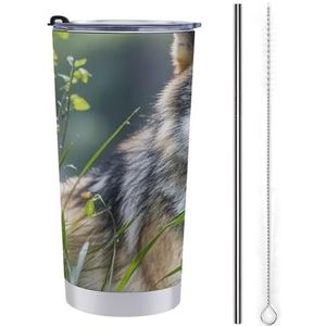 AQRJLPM Wolf On The Grass Autobeker van roestvrij staal, beker van 20 oz met rietje en deksels, lekvrij, geïsoleerde roestvrijstalen reisbeker, drinkbaar voor koude warme dranken op de camping