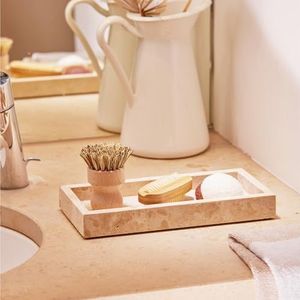Navaris travertin decoratief natuurstenen dienblad - Kaarsenplateau rechthoek - 25 x 12 cm - Schaal voor badkamer accessoires - Stenen plateau - Beige