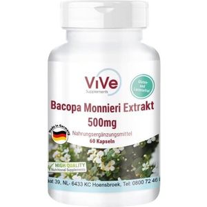 Bacopa Monnieri Extract 500 mg - 60 capsules - gestandaardiseerd extract - 20% Bacoside - Ayurvedisch kruid Brahmi - hoge dosis en veganistisch | Kwaliteit uit Duitsland - ViVe Supplements