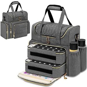 Betoores Nagellak-opbergtas, dubbellaagse organizer voor 70 flessen (tot 15 ml), draagbare tas voor nageldroger, nagellamp en accessoires, grijs