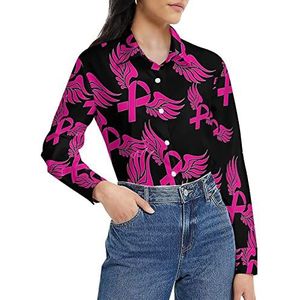 Borstkanker roze lint damesshirt lange mouw button down blouse casual werk shirts tops 4XL