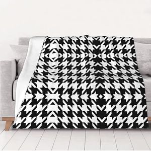 OKFSTY Wasbare, dubbelzijdige dikke pied-de-poule zwarte deken, warme pluche deken voor bank, bank, bed, 152 x 203 cm