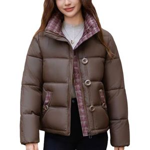 Dames Cropped Pufferjack Van Tweed Patchwork, Korte Parka Met Opstaande Kraag en Zakken(Brown,XXX-Large)