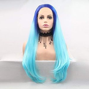 Dkee Pruiken Pruik Dames handgemaakte kant Europese en Amerikaanse Pruik Sets In The Wig Haar Sets - Dark Blue - Light Blue - Gradient - Lang Recht Haar