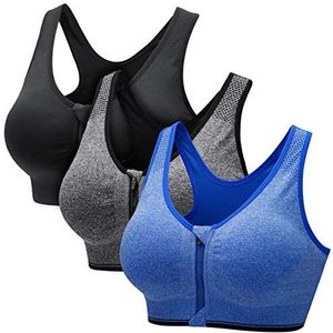 CARETOO Sportbeha voor dames, sterke grip, actieve beha, hoge belasting, training, bustier voor yoga, fitness, met ritssluiting, zwart, grijs en blauw., L