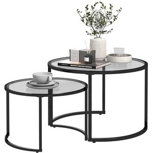 HOMCOM Salontafel set van 2, bijzettafel met zwart stalen frame, salontafel met glazen tafelblad, gedeeltelijk stapelbaar, voor woonkamer, slaapkamer