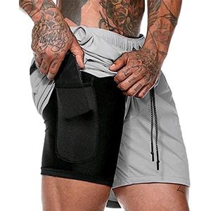 SOMTHRON Herenshorts, 2-in-1 shorts, sneldrogende hardloopshorts, fitness, joggen, korte broek met zakken, lichtgrijs, M
