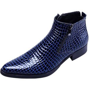Men's Ankle Patent Leather Fashion Plaid Zipper Pointed Toe Casual Boots Blue (Color : Blue, Size : EU 38)