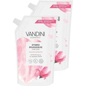 VANDINI 2 x Hydro Zeep navulzak met magnoliabloed geur 500 ml - Made in Germany vloeibare zeep navulzak veganistisch - handzeep navulzak reinigt zacht - vloeibare handzeep navulling