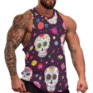 Skulls And Flowers on Dark Heren Tanktop Grafische Mouwloze Bodybuilding Tees Casual Strand T-Shirt Grappige Gym Muscle