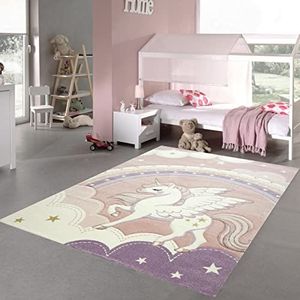 Teppich-Traum Kinderkamertapijt om mee te spelen • duurzaam • paarden eenhoorn wolken hemel crème roze, afmeting 120x170 cm