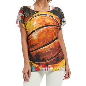 Aquarel Cool Basketbal Dames Korte Batwing Mouw Shirt Ronde Hals T-shirts Losse Tops voor Meisjes, Patroon, XXL