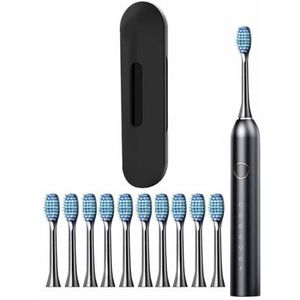 Oplaadbare Elektrische Tandenborstel, Draadloos Oplaadbare Tandenborstels Met 10 Borstelkoppen, 6 Standen 2 Minuten Slimme Timer 4 Uur Snel Opladen Voor 45 Dagen (Color : Black)