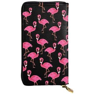 Ijshockey Patroon Lederen Lange Handheld Portemonnee Vrouwen Portemonnee Voor Creditcard Cash Coin Opslag, Mooie Roze Flamingo's, One Size