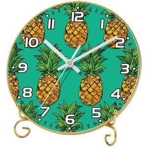 Wandklok, moderne klokken op batterijen, gele ananas op groene achtergrond, ronde stille klok 9,4 inch