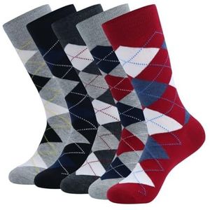 YIJIANUO 5 paar heren jurk sokken plus grote maat ombed katoen crew sokken, zwarte koele Argyle ademende casual sokken voor mannen, goud, US(8-13.5)EUR(41-48)
