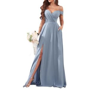 Dames chiffon bruidsmeisjes jurken met split lange galajurken ruches cocktailjurk plus size, Dusty Blauw, 32