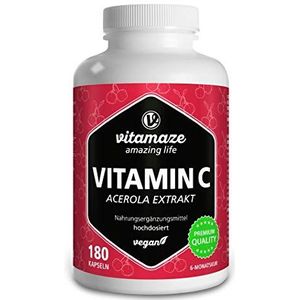 Vitamine C Acerola 160 mg natuurlijk van 660 mg Acerola Extract, veganistisch & optimale Bio-Beschikbaarheid, 180 Capsules voor 6 Maanden, Voedingssupplement zonder Additieven, Made in Germany