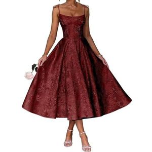 AHERKLL Spaghetti Bandjes Bruidsmeisjes Jurken Bloemen Satijn Jacquard Formele Avond Feest Maxi Jurk Thee Lengte HAH048, wijnrood, 34
