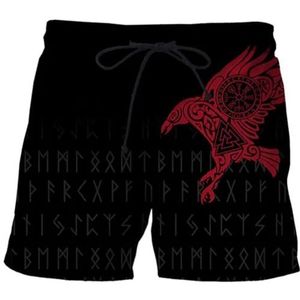 Heren Nordic Thor's Hammer Shorts, Viking 3D Digitaal Printen Odin Raven Losse Sport Harajuku Korte Mouwen, Zomer Vegvisir Tattoo Heidense Sneldrogende Tops(Red Raven shorts,5XL)