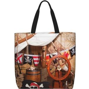 ZaKhs Piratenschip Print Vrouwen Tote Bag Grote Capaciteit Boodschappentas Mode Strand Tas Voor Werk Reizen, Zwart, Eén maat
