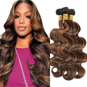 Jucames Body Wave Human Hair Extension Weave 3 Bundles Menselijk Haar Remy Double Weft Color Highlight Brown Color for Woman 24 26 28 Inch