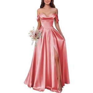 KURFACE Satijnen baljurk voor dames met split geplooide off-shoulder baljurk vloerlengte korset formele avondjurk, Koraal, 32