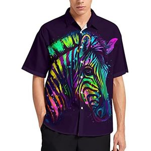 Neon Veelkleurige Zebra Portret Mannen Korte Mouw T-Shirt Causale Button Down Zomer Strand Top Met Zak