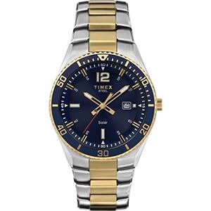 Timex Heren zonne-premium jurk 43 mm horloge - tweekleurige kast tweekleurige armband blauwe wijzerplaat, Twee Tone/Blauw, Modern