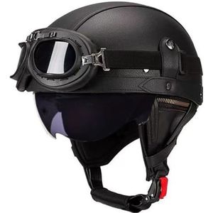 VVPEC Motorfiets leren halve helm, afneembare thermische slab, intrekbaar bruin vizier, open motorhelm met bril for mannen en vrouwen, ECEDOT goedgekeurde jethelm, bromfiets, scooter, cruiser(1,L=59~6