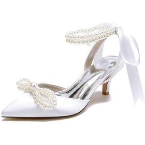 EICOFF Vrouwen Kitten Hakken Trouwschoenen Gesloten Teen Slingback Pumps Dames Parels Enkelband Bruiloft Bruids Jurk Party Prom Schoenen,Wit,36 EU