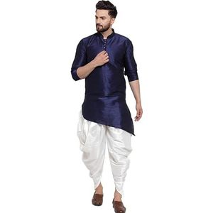 Lakkar Haveli Heren Indisch traditioneel blauw shirt Kurta Trail Cut bruiloft feestkleding grote lange witte dhoti broek set zijde (3X-Large), Blauw, 3XL