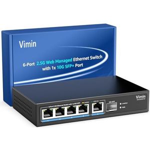 VIMIN 5-poorts 2.5G Base-T Smart Web Ethernet Switch beheerd met 10Gbps SFP-poort, compatibel met 100/1000/2500 Mbps netwerken, 6 poorten, 2.5 Gigabit Managed Switch tot 2,5 G NAS, gaming-pc