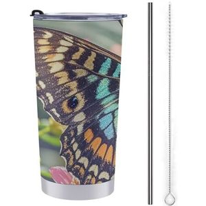 AQRJLPM Vlinder autobeker van roestvrij staal, beker van 20 oz met rietje en deksels, lekvrij, geïsoleerd, roestvrij staal, reisbeker, geschikt voor koude warme dranken op de camping