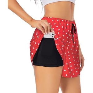Rood en wit polkadots print vrouwen hoge taille atletische workout shorts tweelaagse gym shorts casual comfortabele sport shorts, Zwart, XL